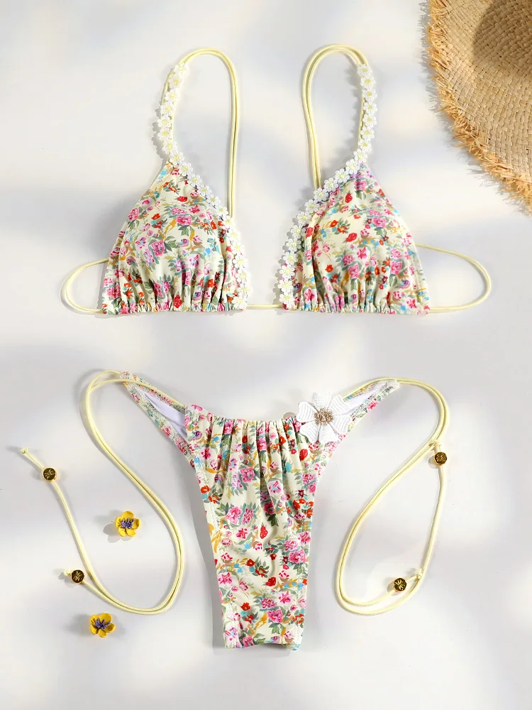 Micro bikini mini stringi damskie trójkątne z bandażem Brązowy