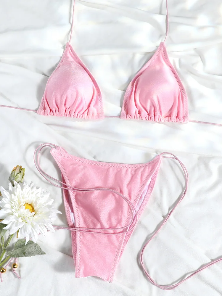 Micro bikini mini stringi damskie trójkątne z bandażem Różowy