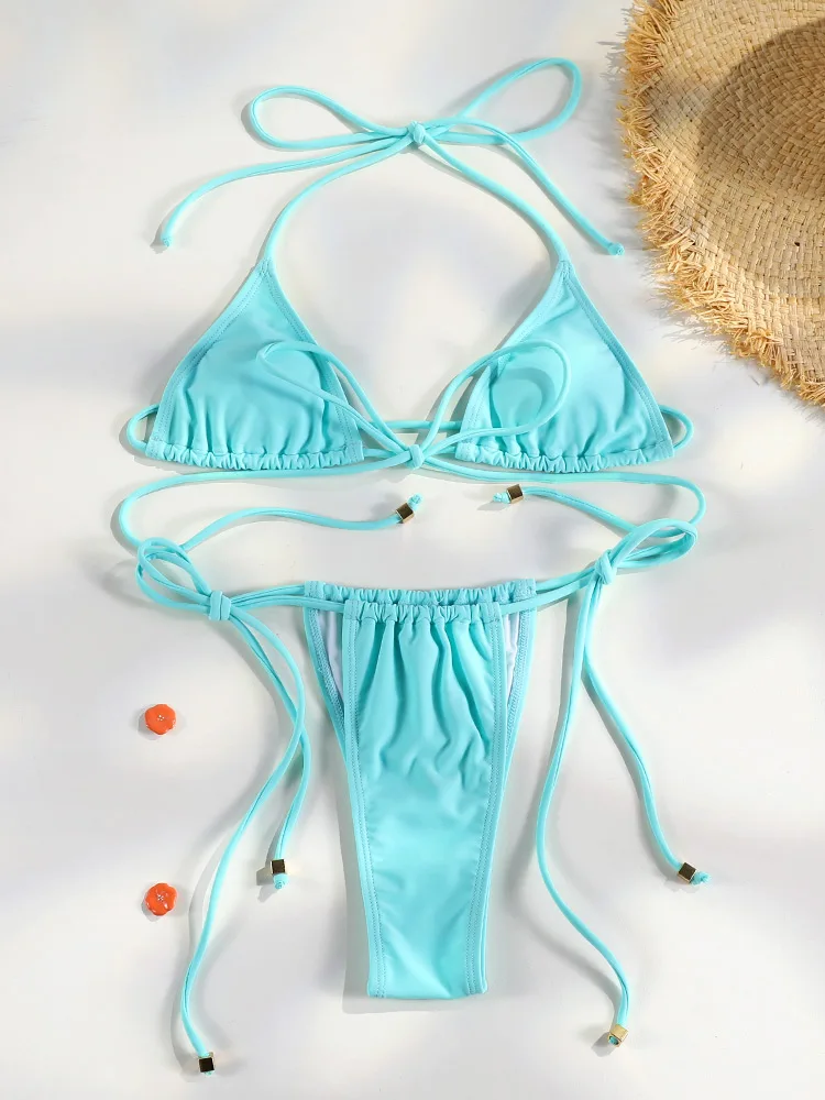 Micro bikini mini stringi damskie trójkątne z bandażem Srebrny