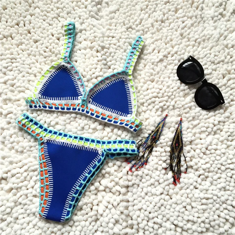 Micro bikini szydełkowe push-up z stringami plażowe Błękitny