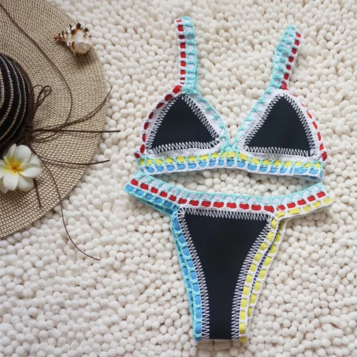 Micro bikini szydełkowe push-up z stringami plażowe żółty