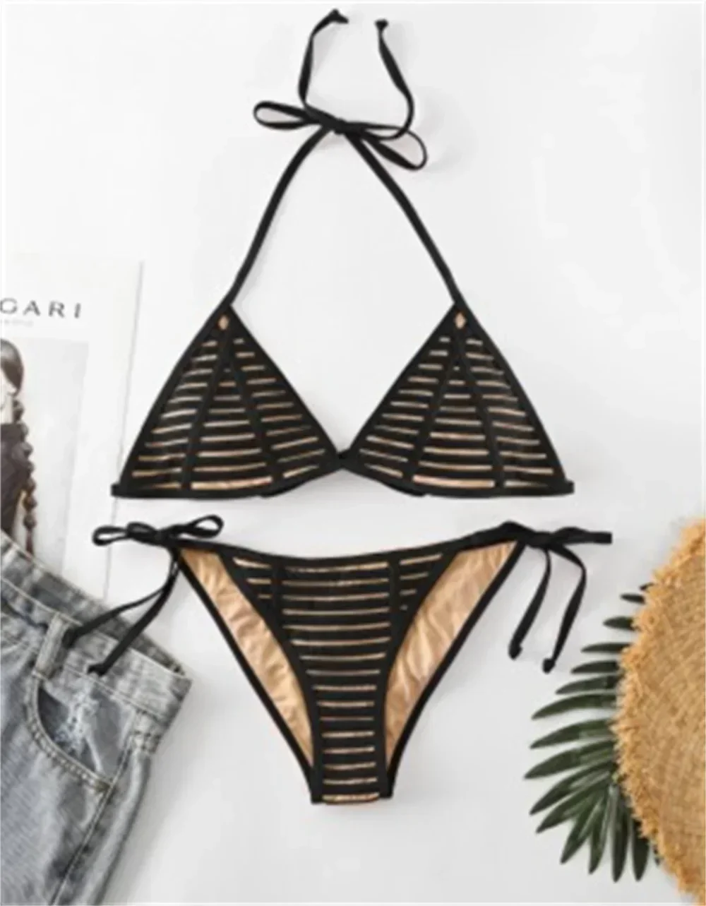 Micro bikini trójkątne w stylu punk na plażę Beżowy