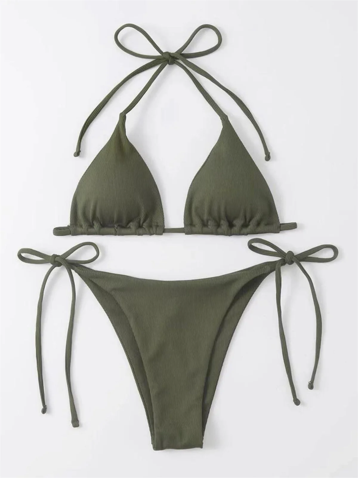 Micro bikini trójkątne wiązane z koronkowym wykończeniem Armijna zieleń