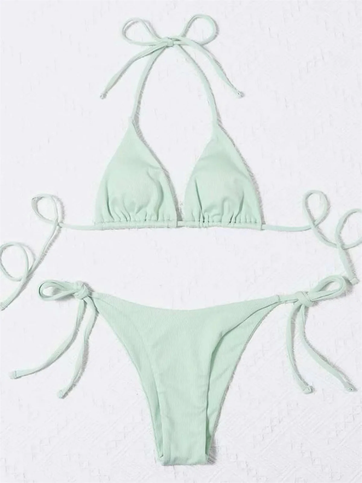 Micro bikini trójkątne wiązane z koronkowym wykończeniem Jasnoszary