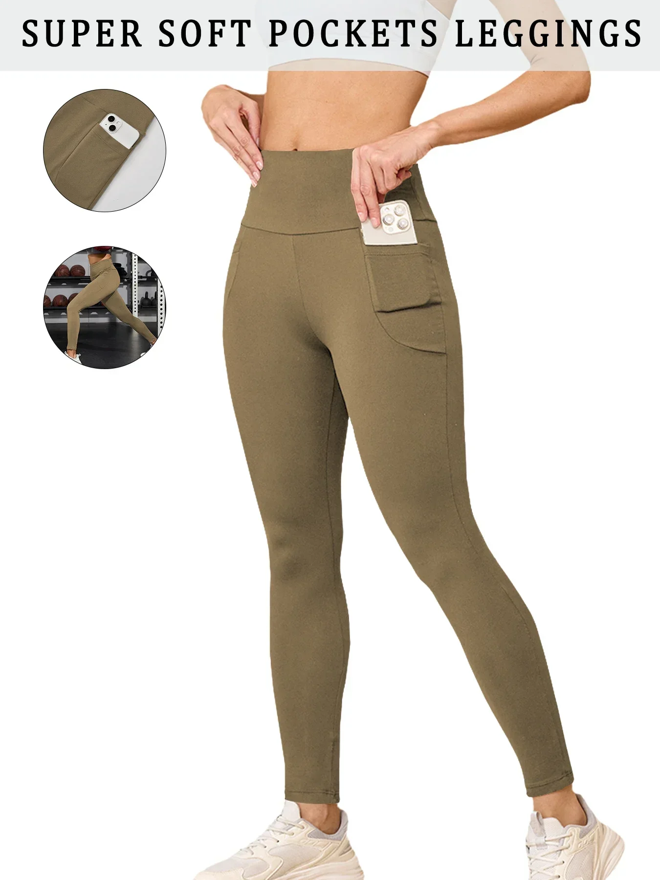 Miękkie legginsy sportowe push-up z kieszeniami Brązowy