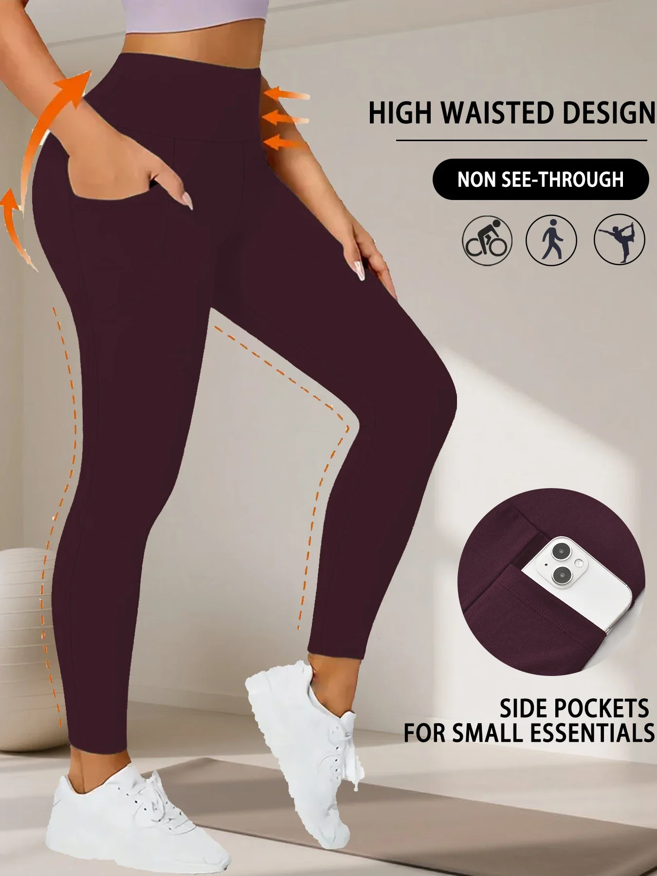 Miękkie legginsy sportowe push-up z kieszeniami Burgundia