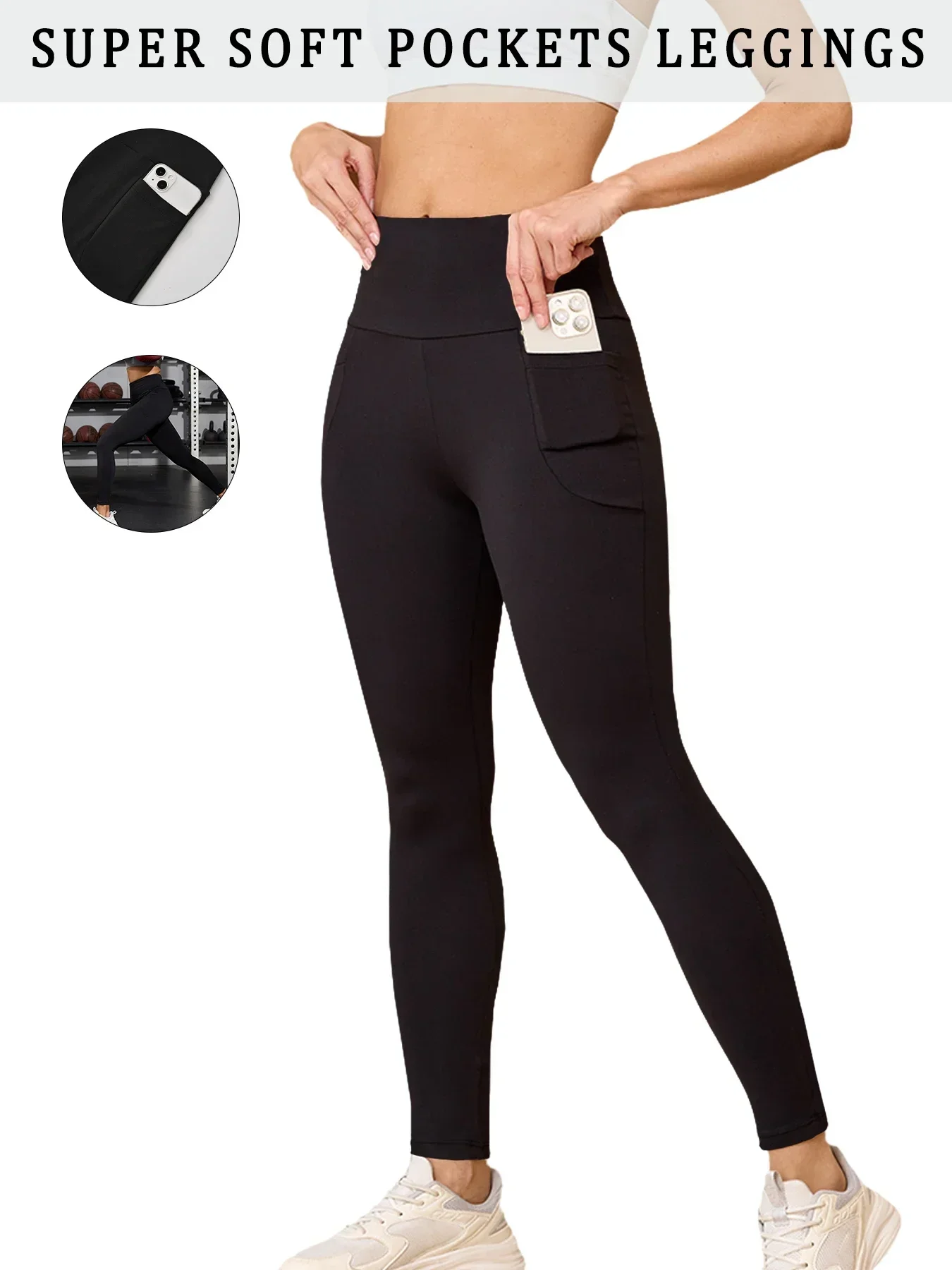 Miękkie legginsy sportowe push-up z kieszeniami Czarny
