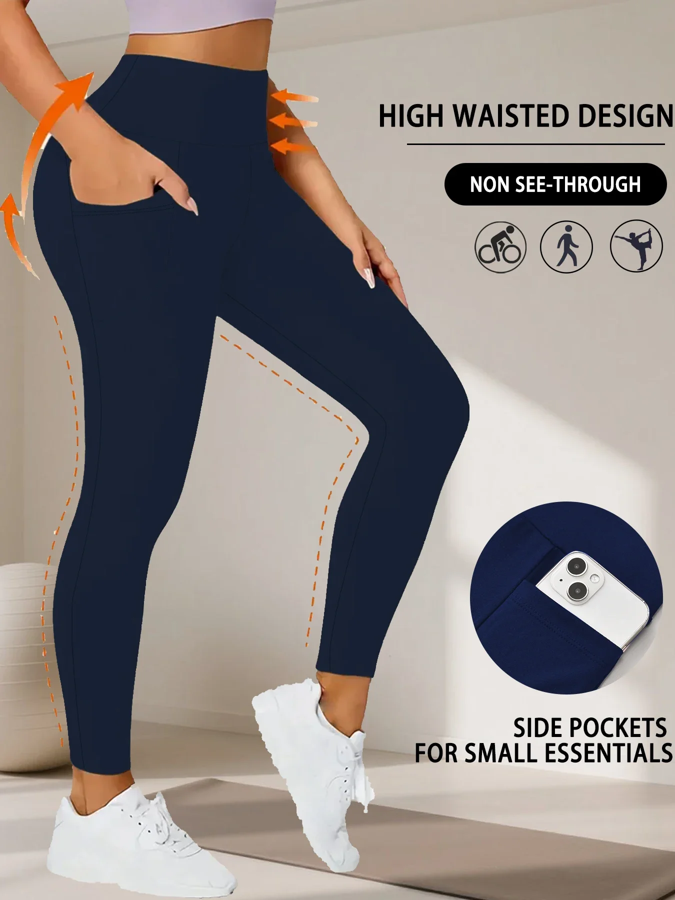 Miękkie legginsy sportowe push-up z kieszeniami Granatowy