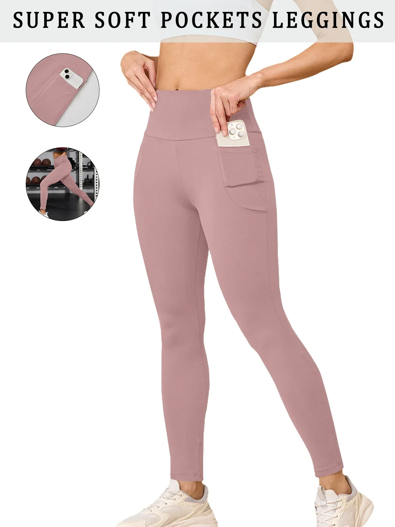 Miękkie legginsy sportowe push-up z kieszeniami Różowy