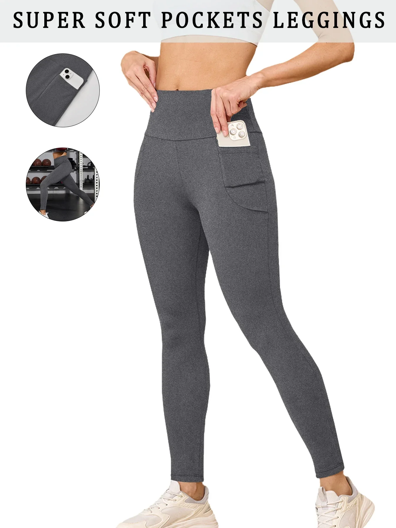 Miękkie legginsy sportowe push-up z kieszeniami Szary