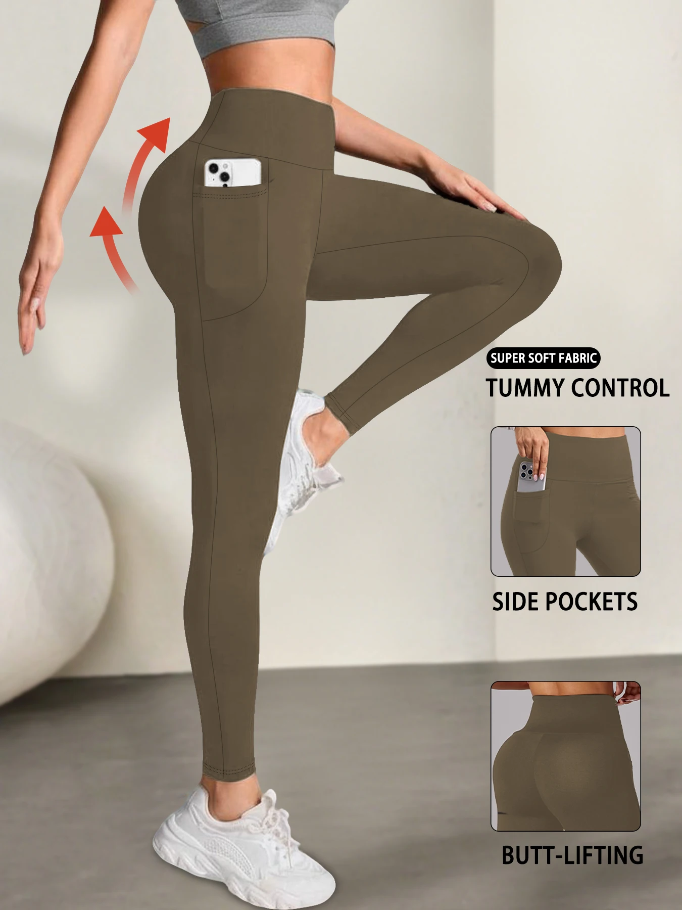 Miękkie legginsy z kieszeniami i wysokim stanem do jogi Brązowy