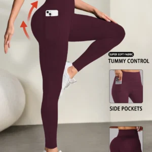 Miękkie legginsy z kieszeniami i wysokim stanem do jogi Burgundia