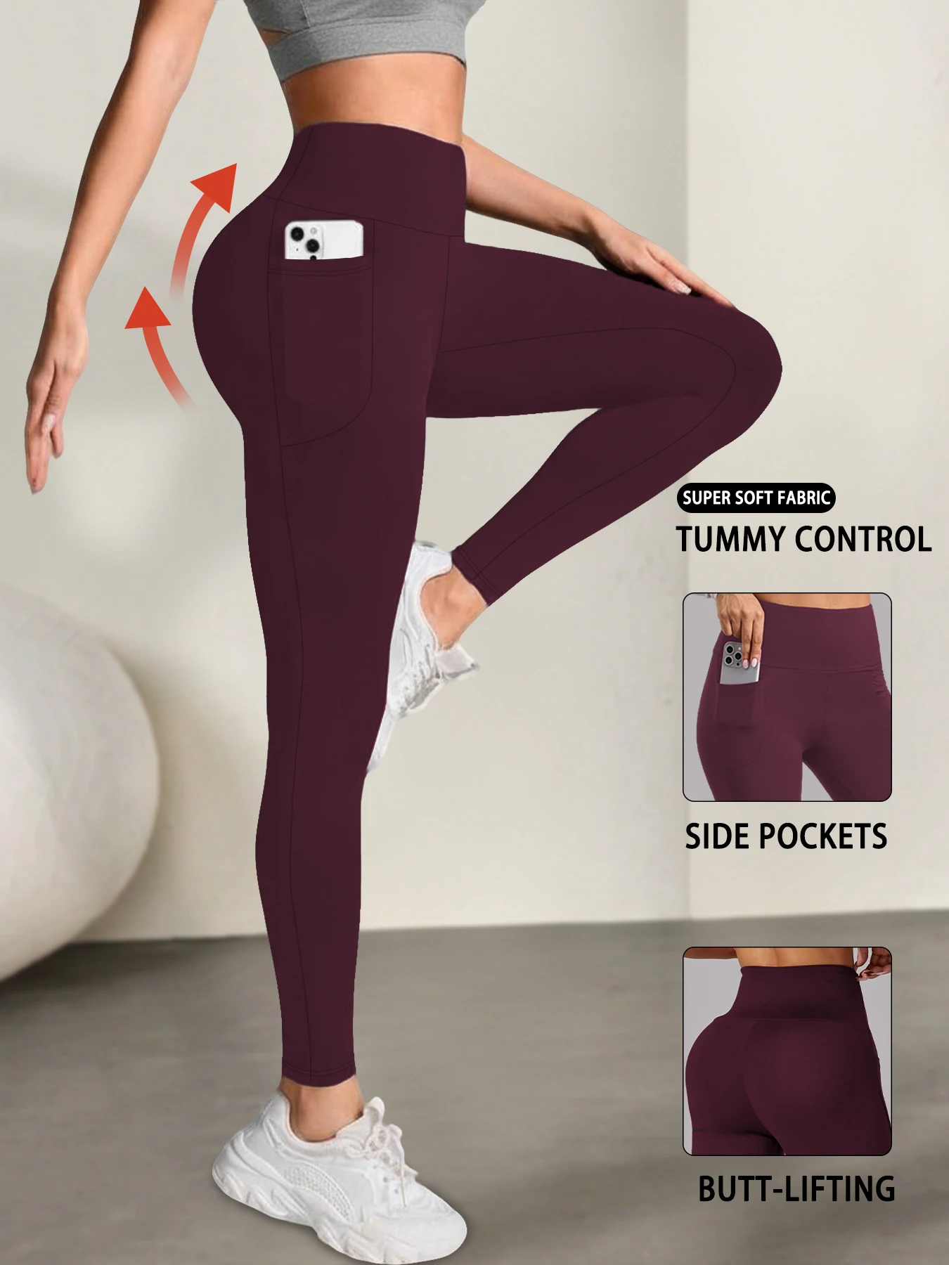 Miękkie legginsy z kieszeniami i wysokim stanem do jogi Burgundia