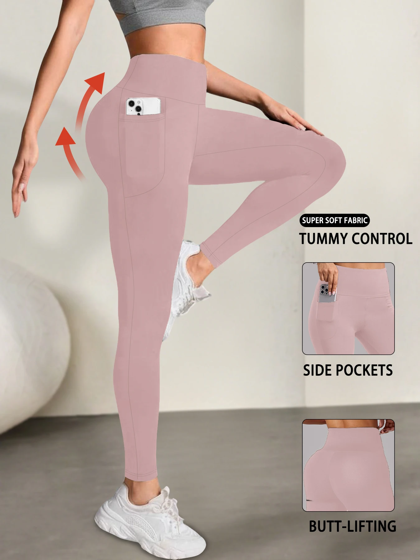 Miękkie legginsy z kieszeniami i wysokim stanem do jogi Różowy