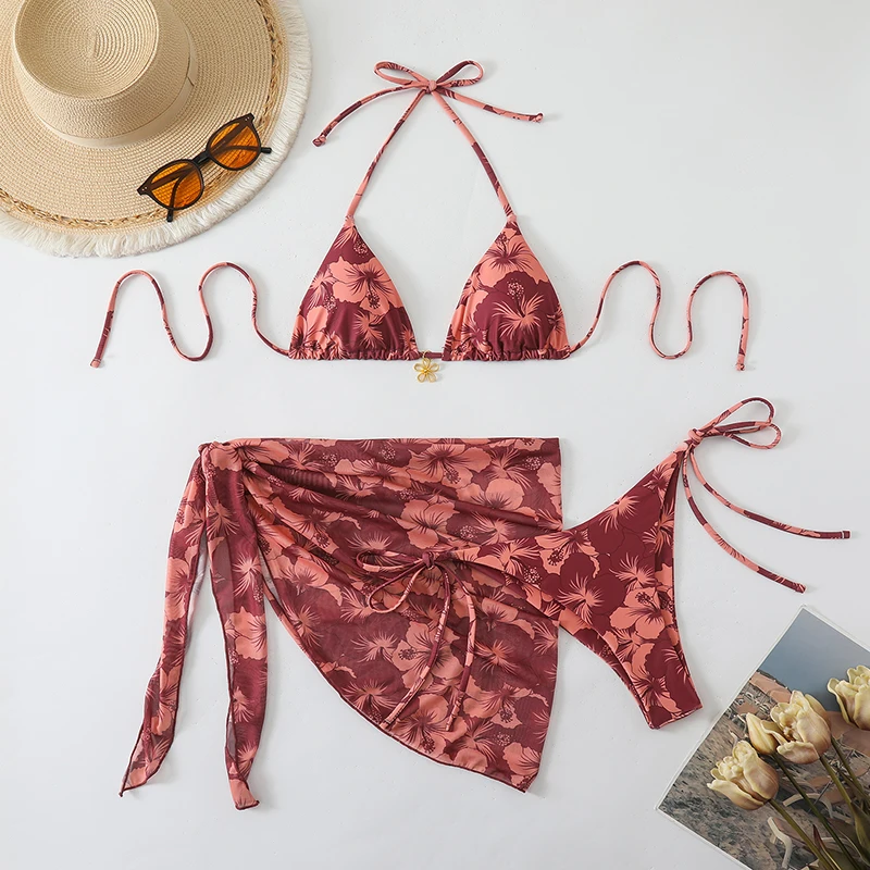 Mikro bikini 3-częściowe z narzutką sukienką plażową Jasny