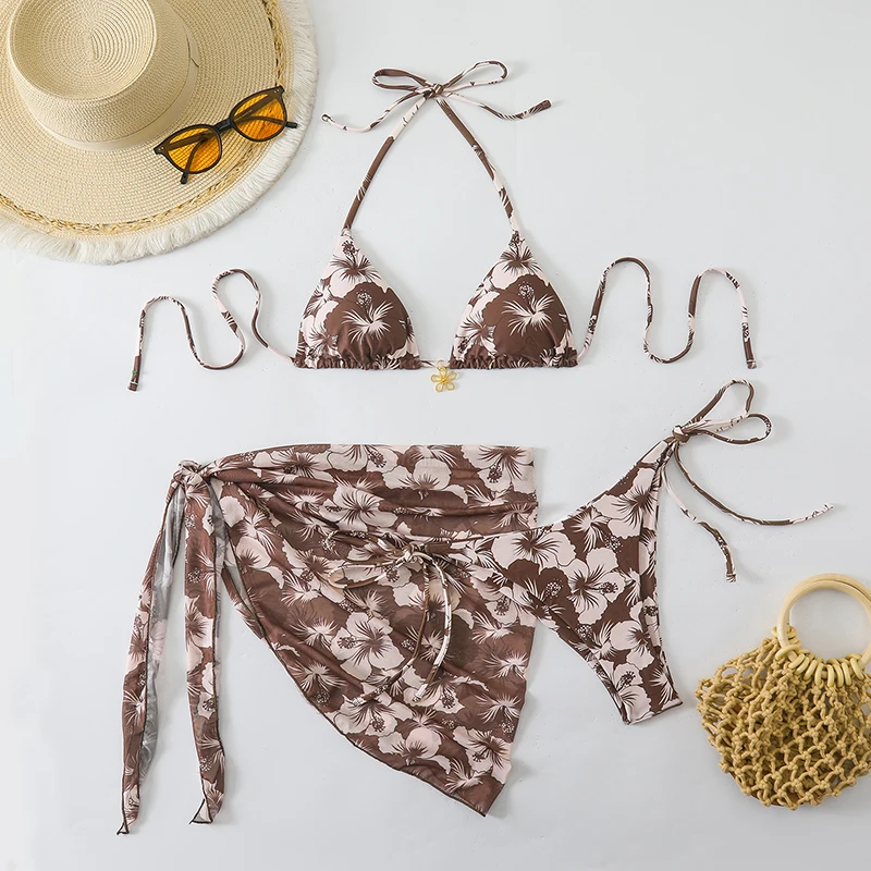 Mikro bikini 3-częściowe z narzutką sukienką plażową Koralowa czerwona