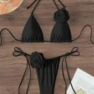 Mikro bikini brazylijskie z kwiatowym nadrukiem 3D Czarny