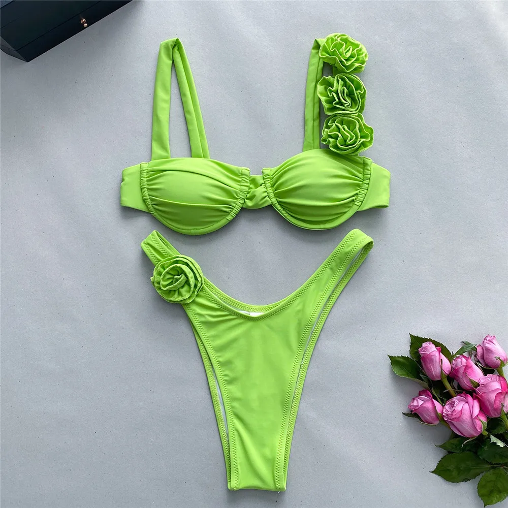 Mikro bikini push up z kwiatami 3D Błękitny