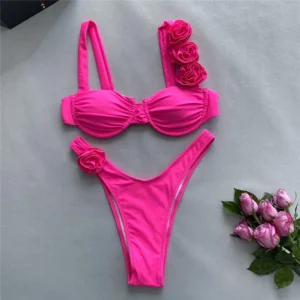 Mikro bikini push up z kwiatami 3D Czarny