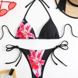 Mikro bikini push-up w kwiaty z wiązaniem, czarne Czarny