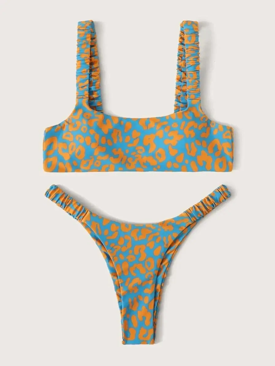 Mikro bikini z wyściółką w panterkę — wycięty kostium kąpielowy Khaki