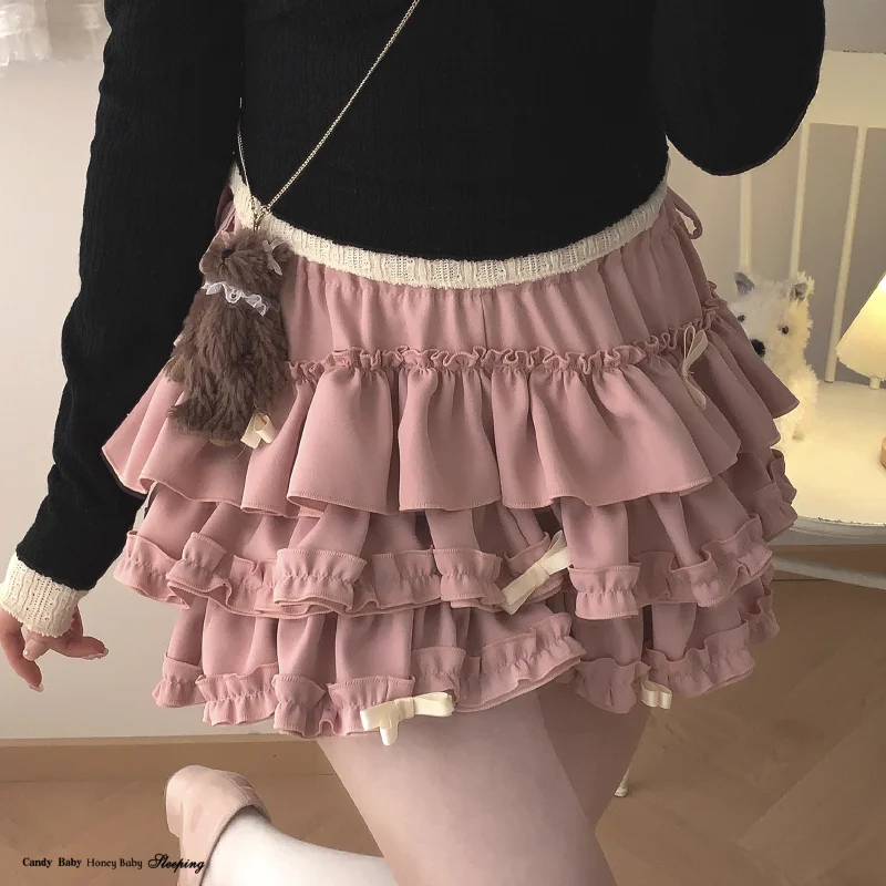 Mini spódnica Y2K z falbankami i kokardą kawaii Niebieski