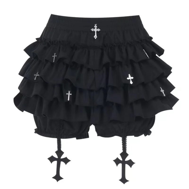Warstwowa mini spódniczka gotycka punk z wbudowanymi szortami Y2K Czarny