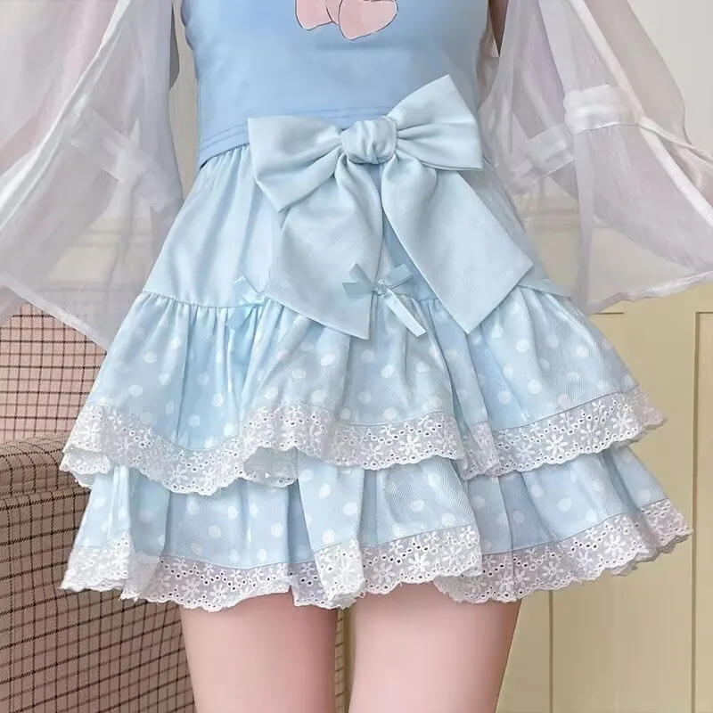 Mini spódniczka Harajuku Lolita w kropki z kokardą Błękitny
