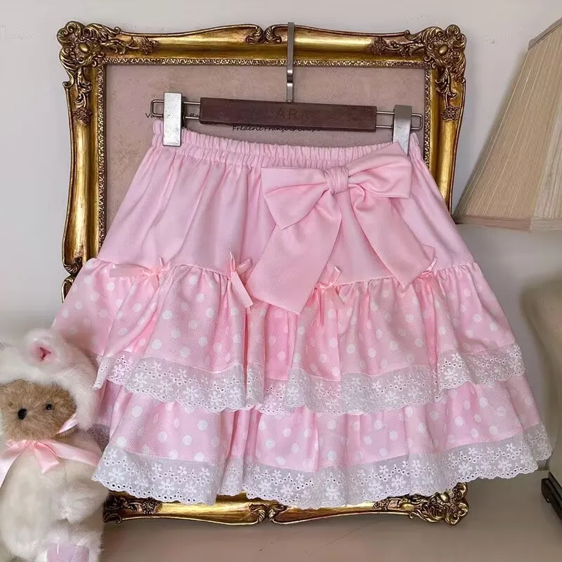 Mini spódniczka Harajuku Lolita w kropki z kokardą Różowy