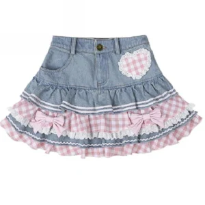 Mini spódniczka Lolita z denimu z koronką Błękitny