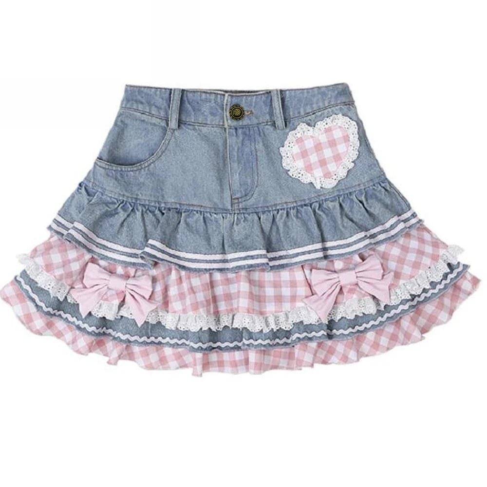 Mini spódniczka Lolita z denimu z koronką Błękitny