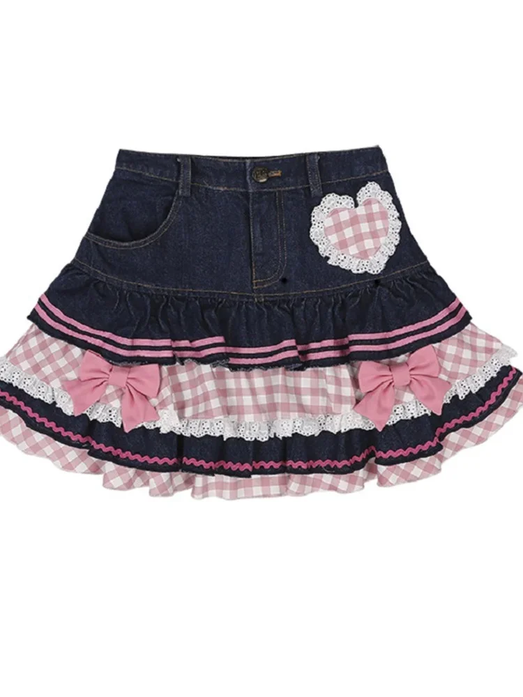Mini spódniczka Lolita z denimu z koronką Niebieski