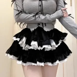 Mini spódniczka Lolita z falbanami i koronką Y2K Beżowy