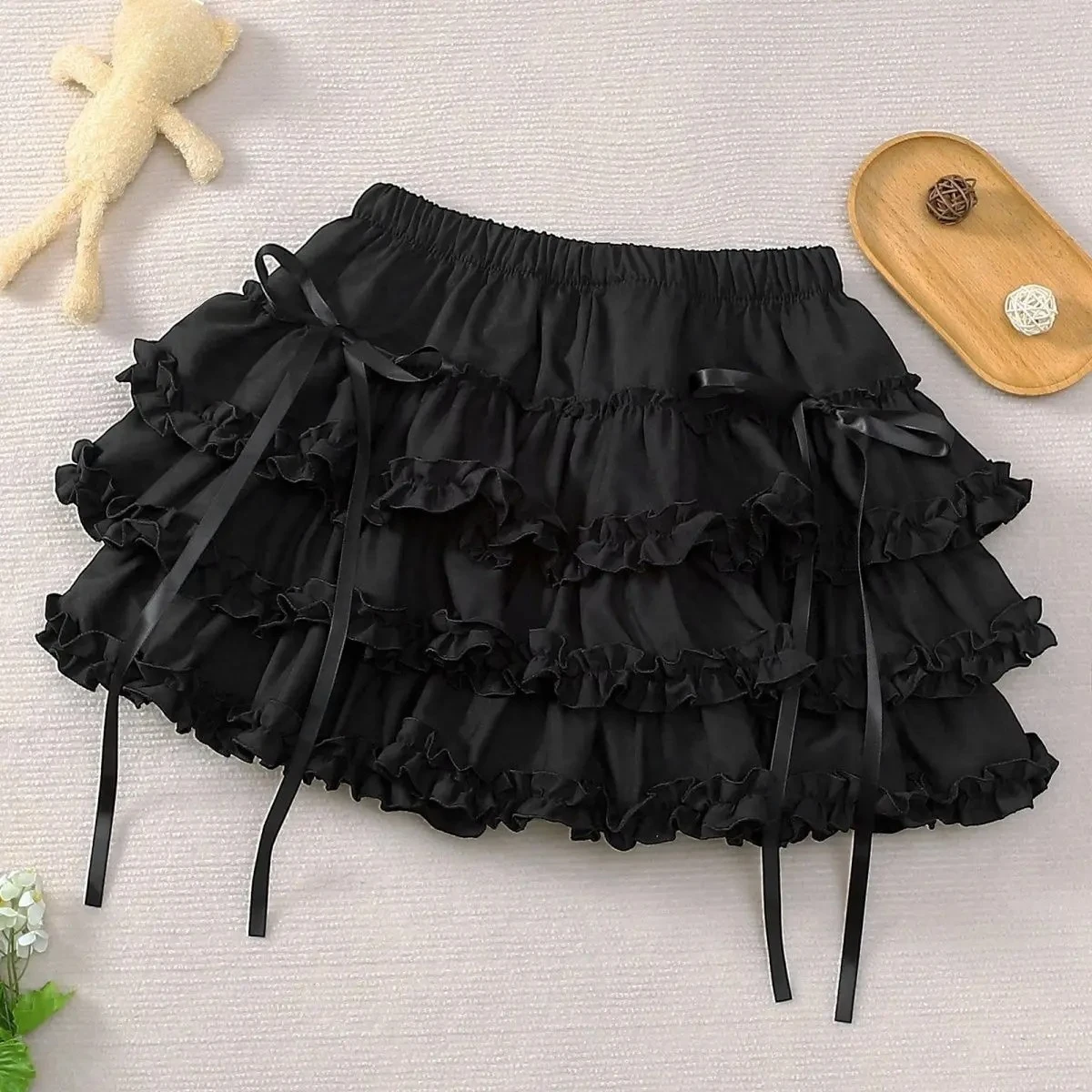 Mini spódniczka Lolita z koronkowymi falbankami Y2K vintage Beżowy