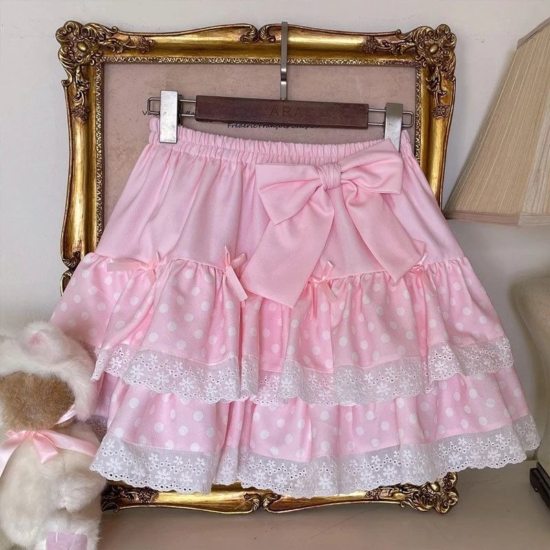 Mini spódniczka lolita w kratkę z kokardą i koronką — styl Harajuku Brązowy