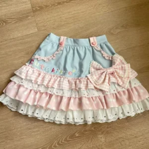 Mini spódniczka lolita w kratkę z kokardą i koronką — styl Harajuku Czarny