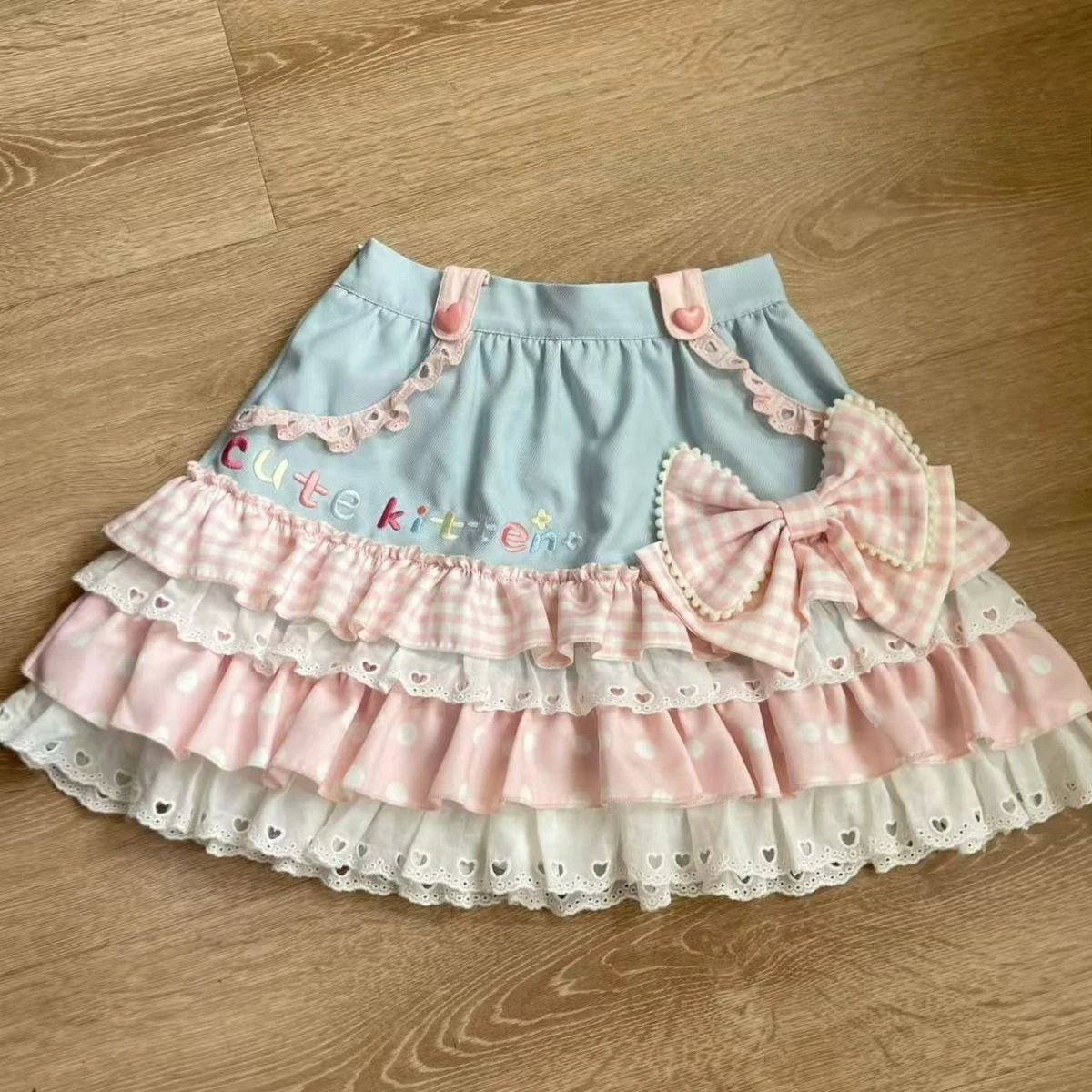 Mini spódniczka lolita w kratkę z kokardą i koronką — styl Harajuku Czarny