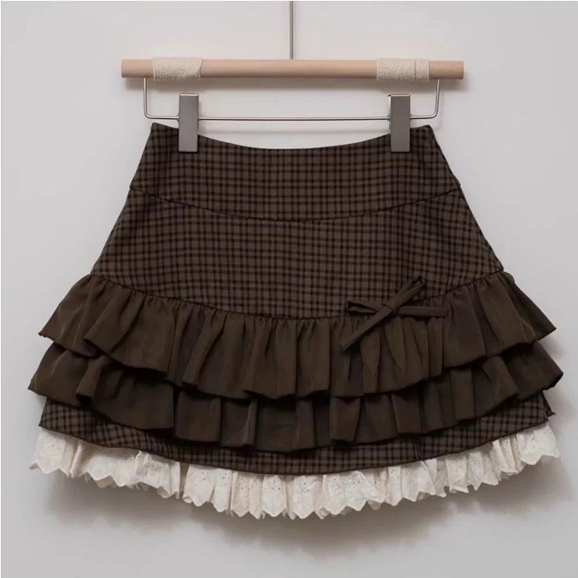 Mini spódniczka lolita w kratkę z kokardą i koronką — styl Harajuku Szary