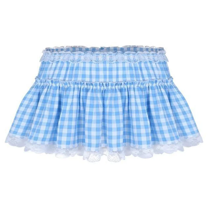 Mini spódniczka Y2K z koronką i kratą Gingham Niebieski