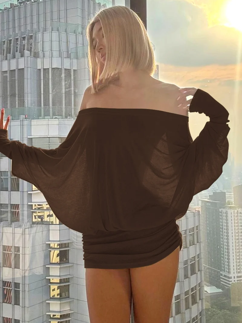 Mini sukienka off-shoulder z długim rękawem i marszczeniami Brązowy