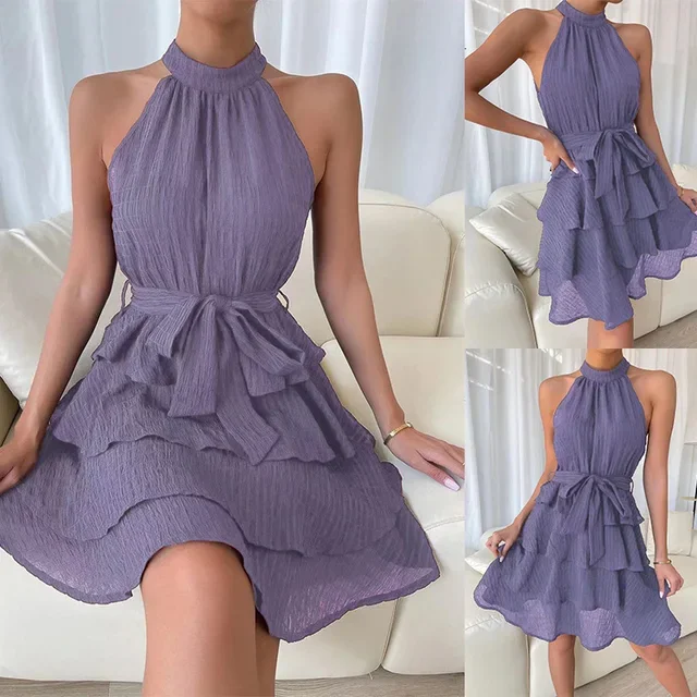 Mini sukienka z dekoltem halter i falbankami Dond8849 lightpurple