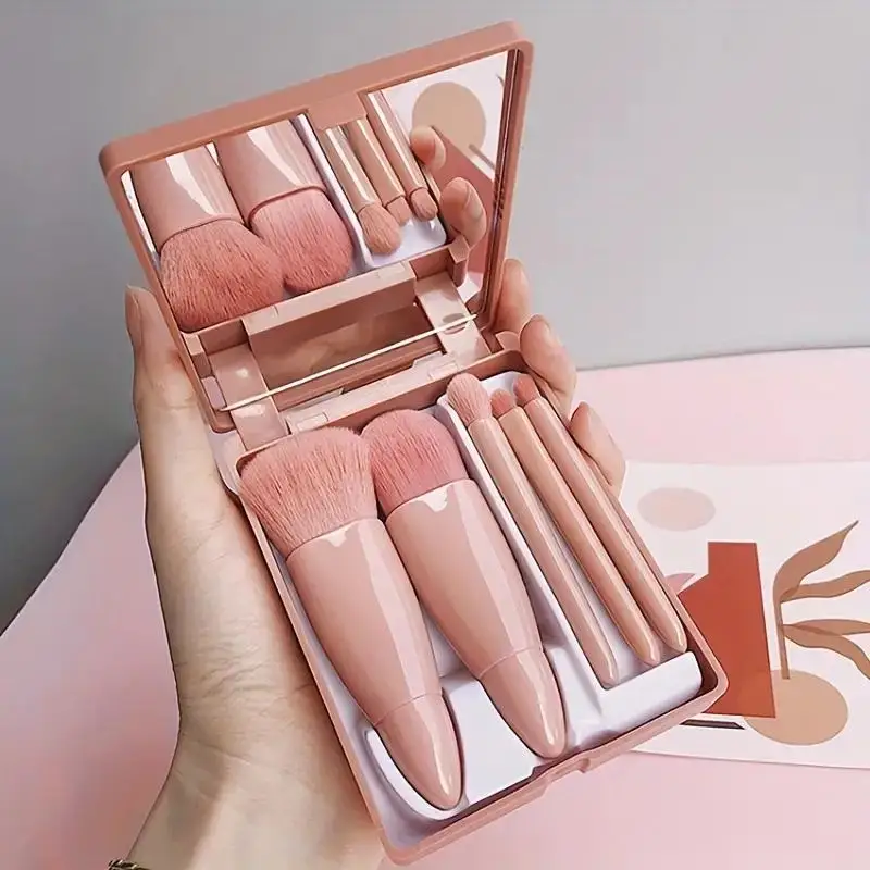 Podróżny mini zestaw 5 pędzli do makijażu z etui i lusterkiem Czekolada
