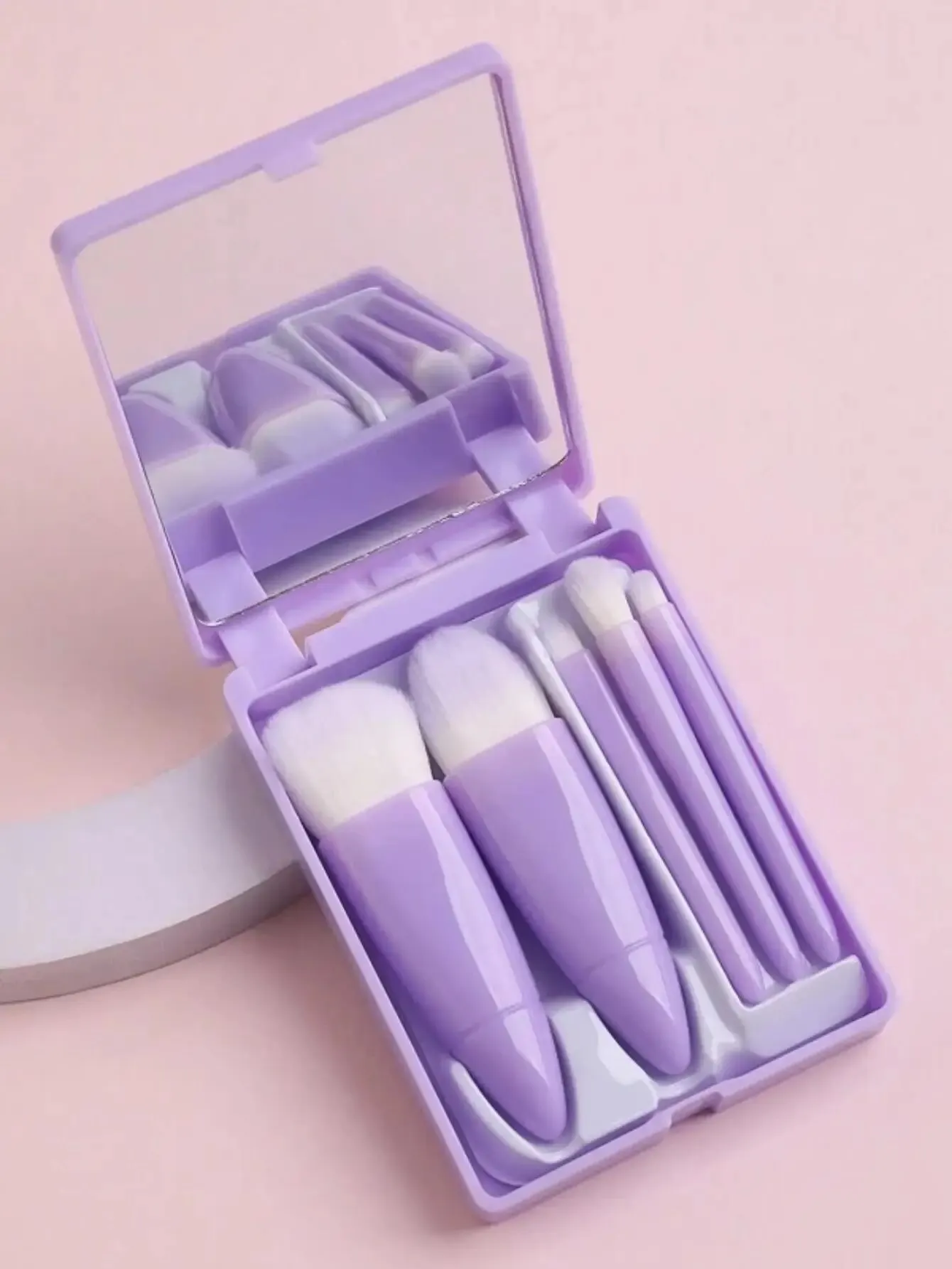 Podróżny mini zestaw 5 pędzli do makijażu z etui i lusterkiem Fioletowy