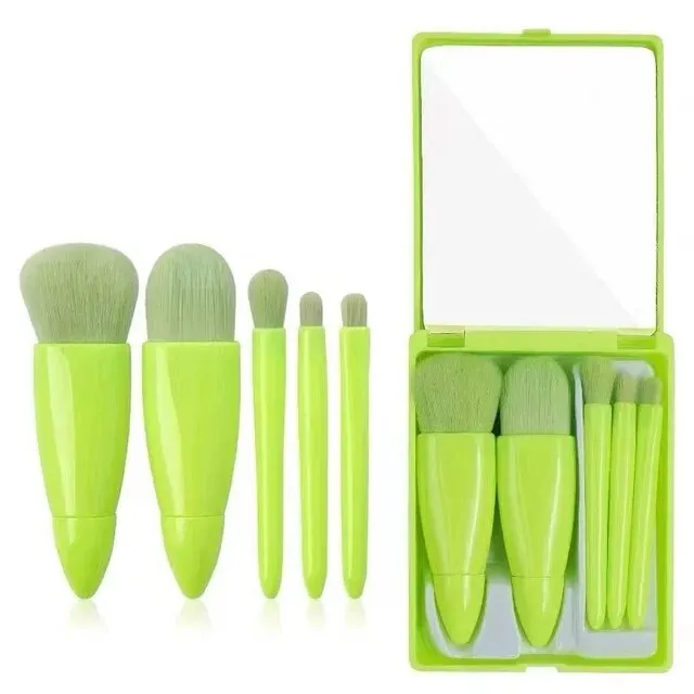 Podróżny mini zestaw 5 pędzli do makijażu z etui i lusterkiem Zielony