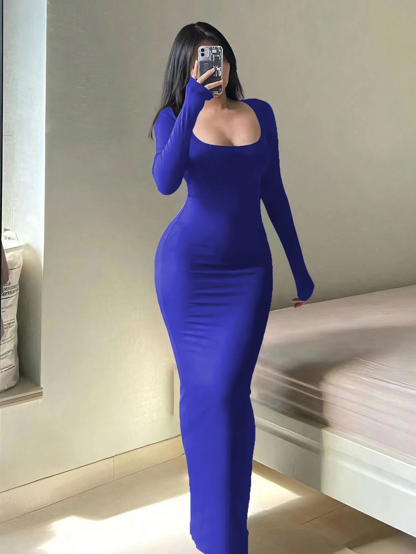 Minimalistyczna sukienka bodycon z długim rękawem elegancka codzienna Głęboki niebieski