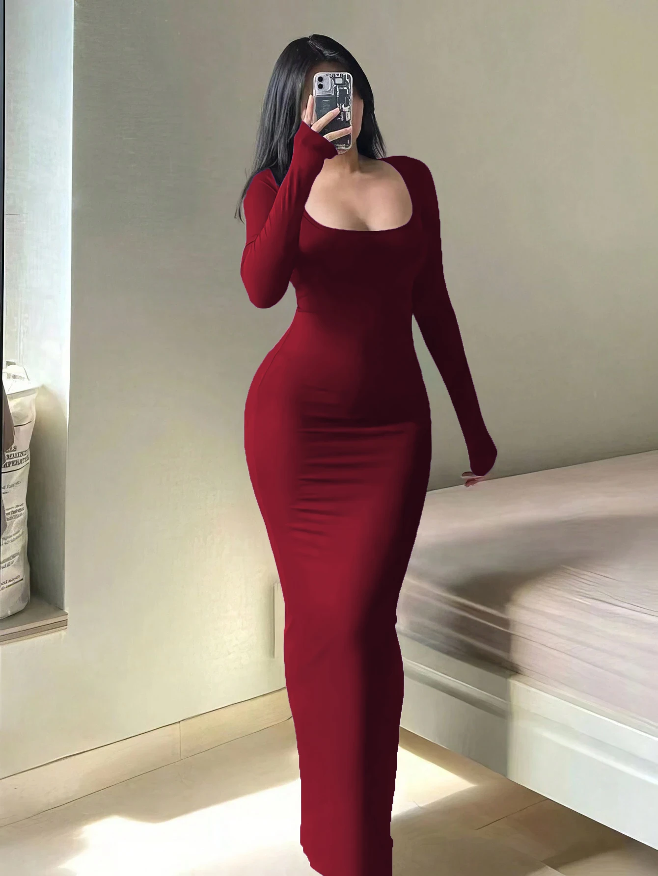 Minimalistyczna sukienka bodycon z długim rękawem elegancka codzienna Kolor czerwonego wina