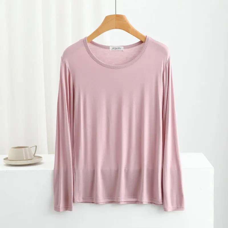 Modalna koszulka damska z długim rękawem - cienka, gładka, plus size Różowy