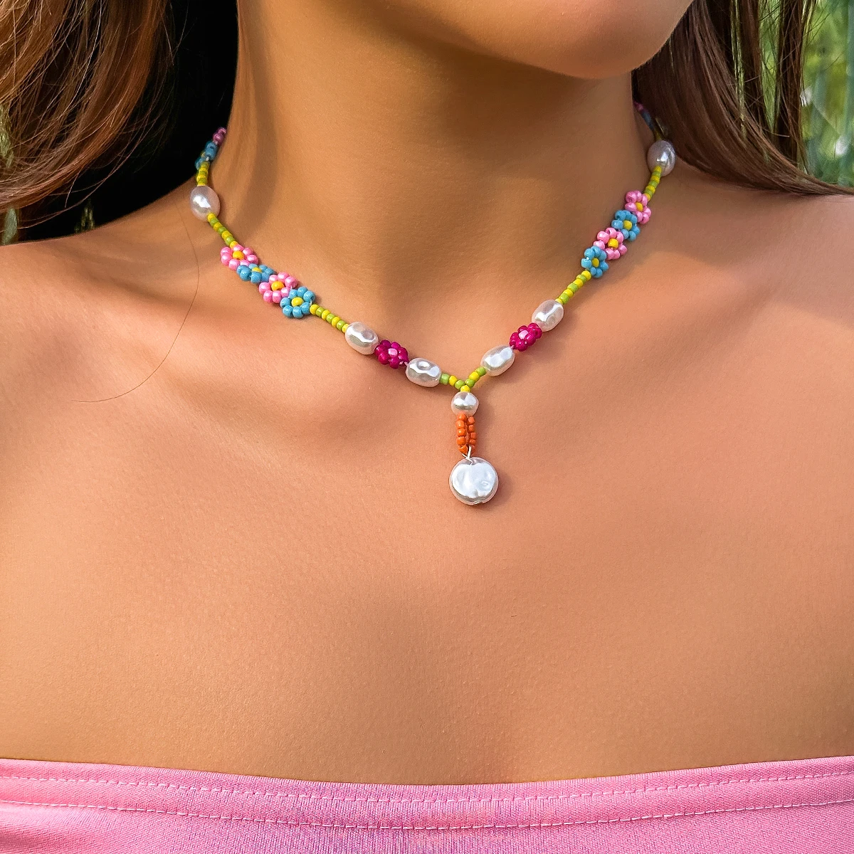 Naszyjnik choker boho z koralikami i perełkami Czerwony brązowy