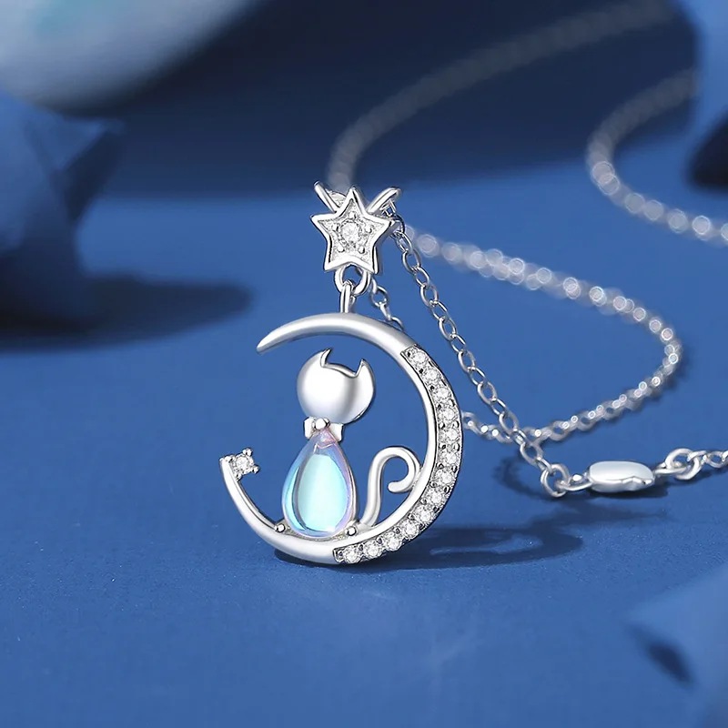 Naszyjnik srebro S925 kot z księżycem cyrkonie choker Biały