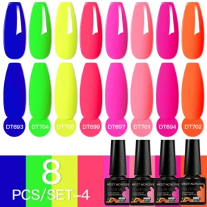 Neonowe letnie żele do paznokci z brokatem 8 szt — semi-permanent UV MEET ACROSS Beżowy